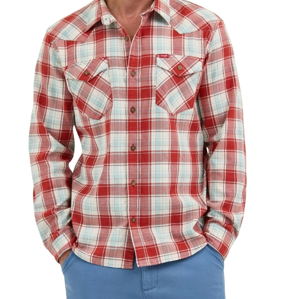 Wrangler Men's Slim Fit Long Sleeve Woven Twill Shirt Red Ochre